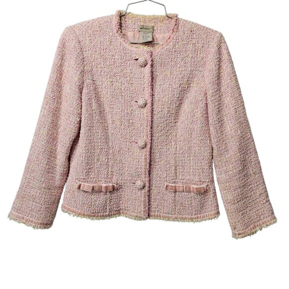 Anthropologie Elevenses Twill Tweed Button Front Frayed Bow Pink Jacket Short - Picture 1 of 7